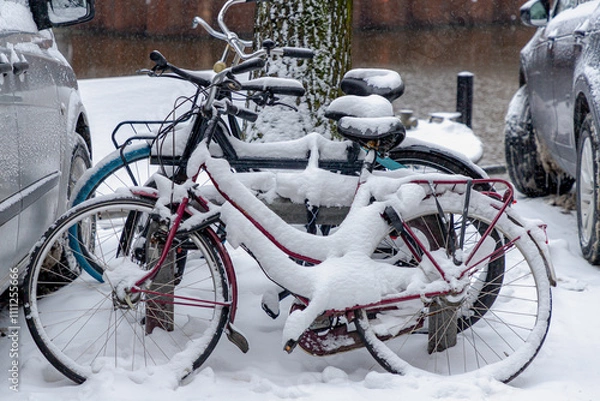 Fototapeta Selective focus of bicycle parked along street covered with white snow, Heavy and snowy in winter with white fluffy snowflakes, Cycling is a common mode of transport in Holland, Amsterdam, Netherlands