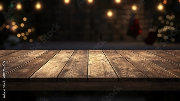Fototapeta Empty wooden table with christmas theme in background