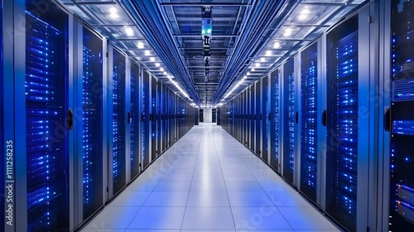 Fototapeta 
Inside Large Data Center. Advanced Cloud Computing Concept. Corridor with Server Racks and Cabinets full of Hard Drives