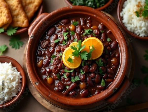 Obraz Feijoada Served in a Traditional Clay Pot with Orange Garnish