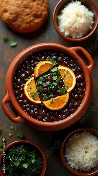 Obraz Feijoada Served in a Traditional Clay Pot with Orange Garnish