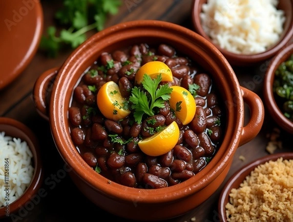 Obraz Feijoada Served in a Traditional Clay Pot with Orange Garnish