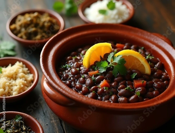 Obraz Feijoada Served in a Traditional Clay Pot with Orange Garnish