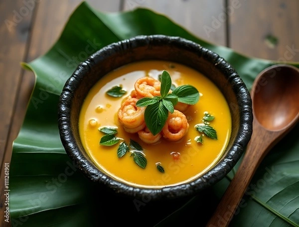 Obraz Tacacá Served in a Rustic Black Clay Bowl with Bright Yellow Tucupi Broth