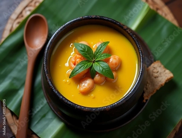Obraz Tacacá Served in a Rustic Black Clay Bowl with Bright Yellow Tucupi Broth