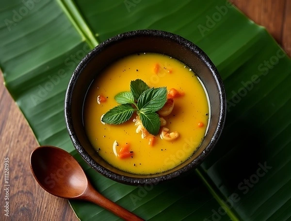 Obraz Tacacá Served in a Rustic Black Clay Bowl with Bright Yellow Tucupi Broth