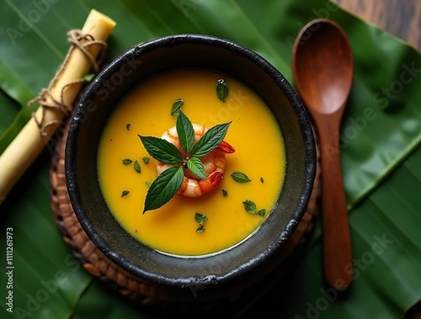Obraz Tacacá Served in a Rustic Black Clay Bowl with Bright Yellow Tucupi Broth