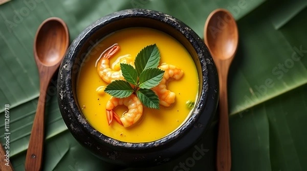 Obraz Tacacá Served in a Rustic Black Clay Bowl with Bright Yellow Tucupi Broth