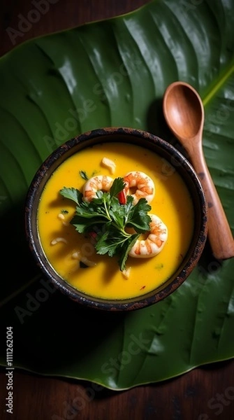 Obraz Tacacá Served in a Rustic Black Clay Bowl with Bright Yellow Tucupi Broth
