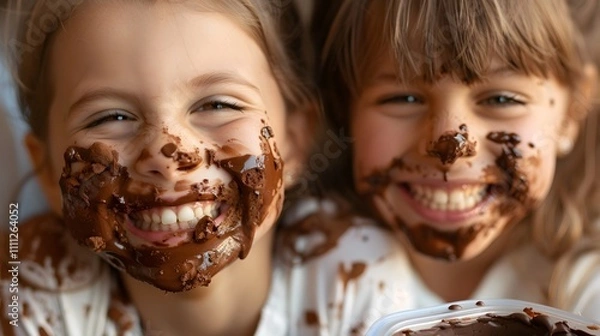 Fototapeta Close-up of children with chocolate-stained faces. Happy emotions on the face of girls with chocolate on their mouth