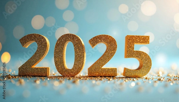 Obraz Golden number 2025 for new years eve surrounded by colorful sprinkles on blue background