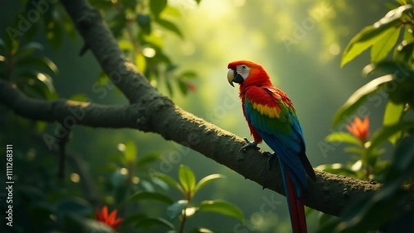 Fototapeta A peaceful image of a parrot perched on a branch amidst tropical foliage, exuding tranquility.