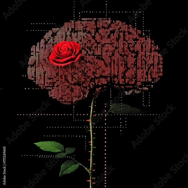 Fototapeta Red rose blooming from a brain-shaped stem, symbolizing intelligence and beauty.