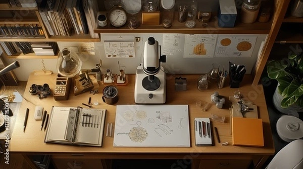 Fototapeta Scientific Workspace with Tools, Sketches, and a Microscope