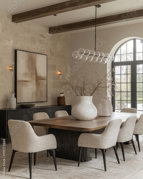 Fototapeta an editorial photograph of a bright grand dining room with a tall ceiling.