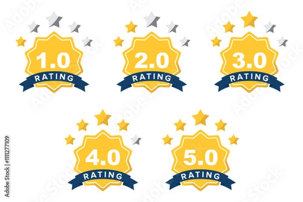 Fototapeta Feedback or rating. Set of rating stars badges with ribbon in a flat design. Customer product rating review. Set of a rating stamp, badge. Rank, level of satisfaction. Vector illustration