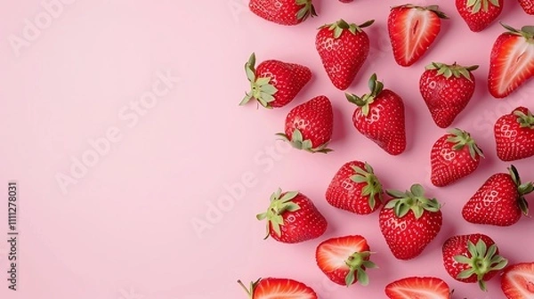 Obraz Fresh strawberries scattered on pink background, vibrant colors, minimal food composition, healthy fruit display, copy space for text

