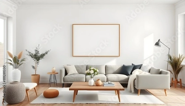 Fototapeta "Modern Living Room with Minimalist Accent Wall – Blank Frame Mockup and Scandinavian-Inspired Interior Design"