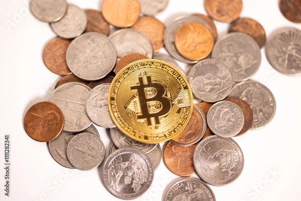 Fototapeta pile of coins with Bitcoin on top