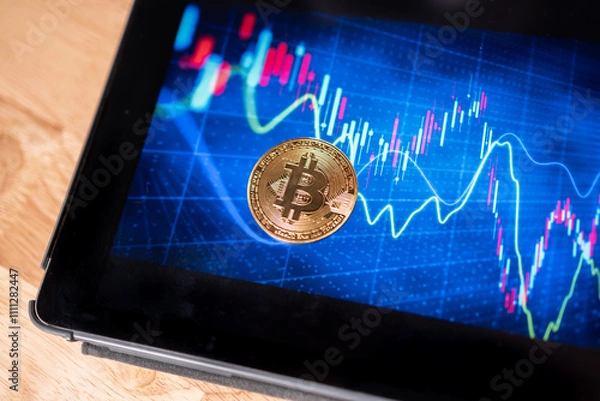 Fototapeta Cryptocurrency coin BTC on a price chart graph