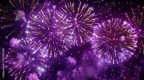 Fototapeta Bright purple fireworks erupted in the night sky, bursting into vibrant blossoms of color that lit up the darkness.
