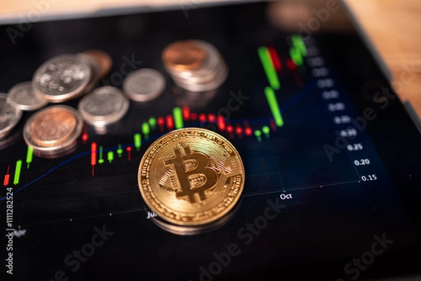 Fototapeta Bitcoin with money on an a tablet