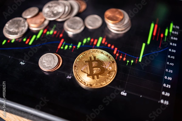 Fototapeta Bitcoin and change on a tablet with price chart

