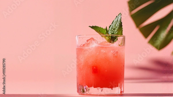 Fototapeta Refreshing pink cocktail with mint on tropical background