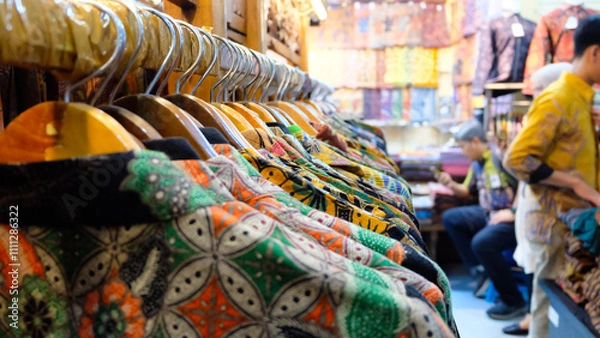 Fototapeta A close-up shot of colorful batik shirts hanging on wooden hangers in a market stall, with a selective focus on the front row