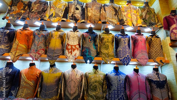 Fototapeta Colorful batik shirts on display in a shop. Selective focus on the shirts, low-angle shot emphasizes variety. Perfect for fashion blogs or promoting Indonesian culture.