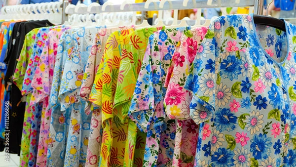 Fototapeta A colorful display of floral print blouses hanging on a rack in a clothing store. The image uses a close-up technique to focus on the vibrant colors and intricate patterns of the blouses