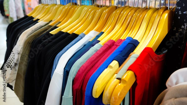 Fototapeta A colorful and organized display of t-shirts hanging on wooden hangers in a clothing store. The shirts are arranged in rows, with each row featuring a different color
