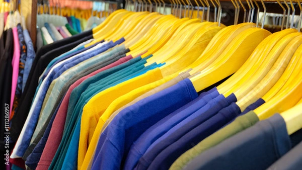 Fototapeta A colorful display of t-shirts hanging on wooden hangers in a clothing store. The shirts are arranged in rows, with each row featuring a different color