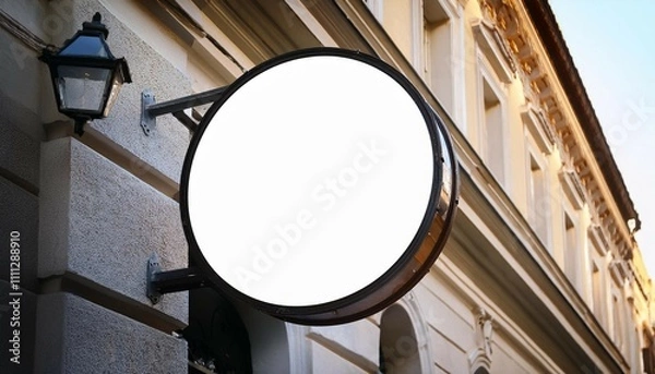 Obraz round signboard mockup at old city building with retro lantern white template for displaying cafe restaurant shop museum hotel name or logo high quality photo