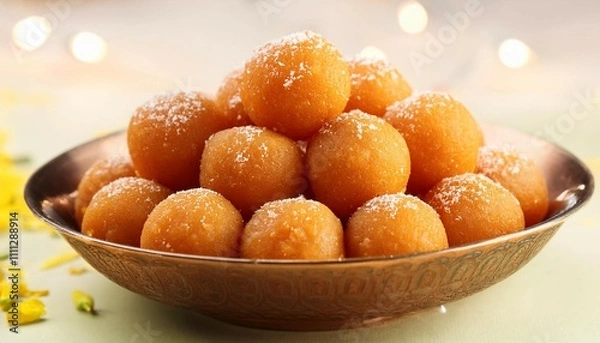 Obraz indian sweet motichoor laddoo is also known as bundi laddu or motichur laddoo which originated from very small gram flour balls or boondis which are deep fried ai generative