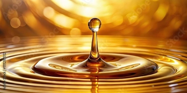 Fototapeta Macro shot of pouring oil or honey drop on golden background, macro, pour, oil, honey, drop, golden, background, close-up, shiny
