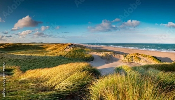 Obraz beautiful wide panorama views of the endless grass beach sand dunes on the danish coast with warm spring summer sunlight nationalpark thy in north jutland in denmark on the danish noth sea coast