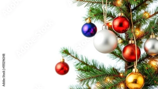 Fototapeta Christmas tree with vibrant green branches and colorful baubles isolated on a white background, white, vibrant