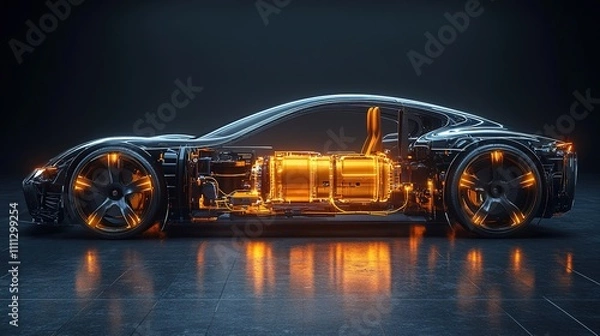 Fototapeta electric motor inside a modern vehicle chassis car in studio environment line art 3d illustration, rays black background