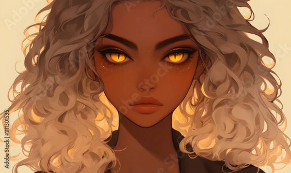 Fototapeta Gray hair golden eyes dark skin beautiful woman,generation AI