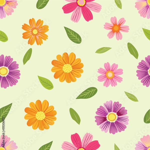Obraz Cosmos flowers in various colors, bright colors, beautiful and cute small, compact leaves on a green-cream background. Seamless pattern vector.