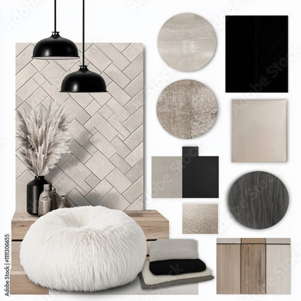 Fototapeta create a moodboard collage with neutral color palette, and black accents, herringbone tile