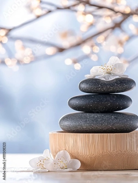 Obraz A serene arrangement of stacked stones with delicate flowers, set against a soft, blurred background, evoking tranquility and balance.