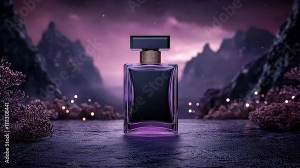 Obraz Futuristic perfume bottle floating in midair enchanted mountains digital art nighttime surreal concept for modern elegance