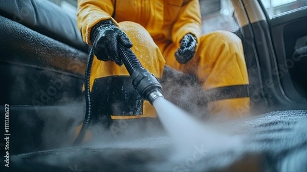 Obraz Worker steam cleans a car interior thoroughly