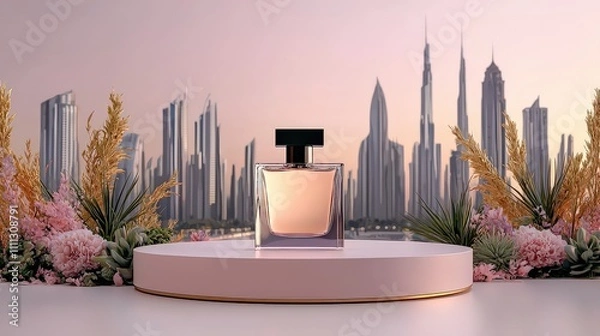 Obraz Elegant modern perfume bottle displayed against dubai skyline abstract design lifestyle photography urban environment aesthetic concept