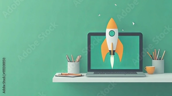 Obraz Rocket Launching From Laptop Screen Business Startup Concept