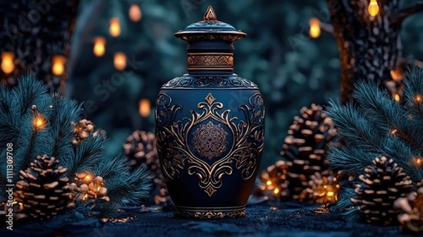 Obraz Whimsical perfume bottle inspired by magical pot design in enchanted forest with cozy atmosphere and artistic charm