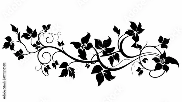 Fototapeta A decorative black floral vine design with leaves and swirls.