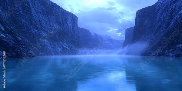 Fototapeta A serene and tranquil blue landscape depicting towering cliffs flanking a calm, misty fjord. The soft lighting enhances the cool tones of the scene, creating an ethereal atmosphere.